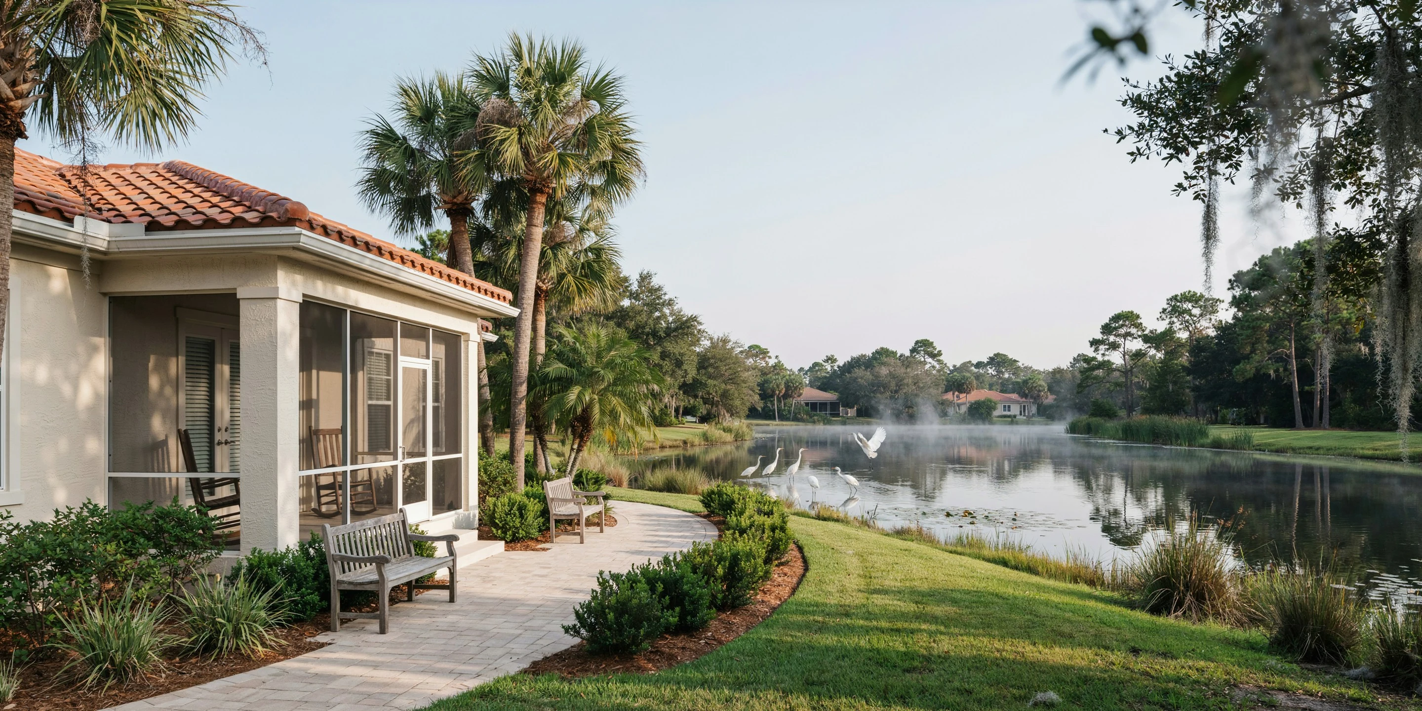 Compact home with screened porch facing a pond path in Pinecraft, Sarasota, FL