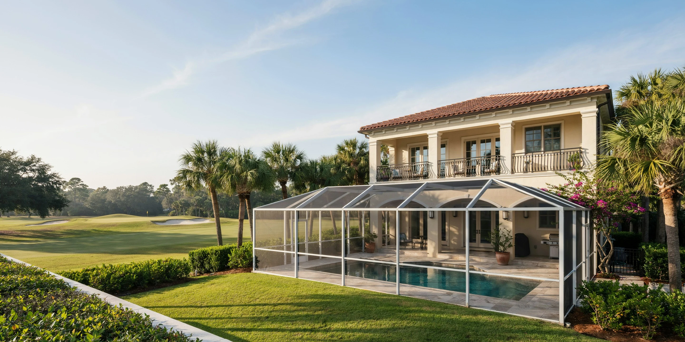 Home with a large pool cage beside a lake in Prestancia, Sarasota, FL
